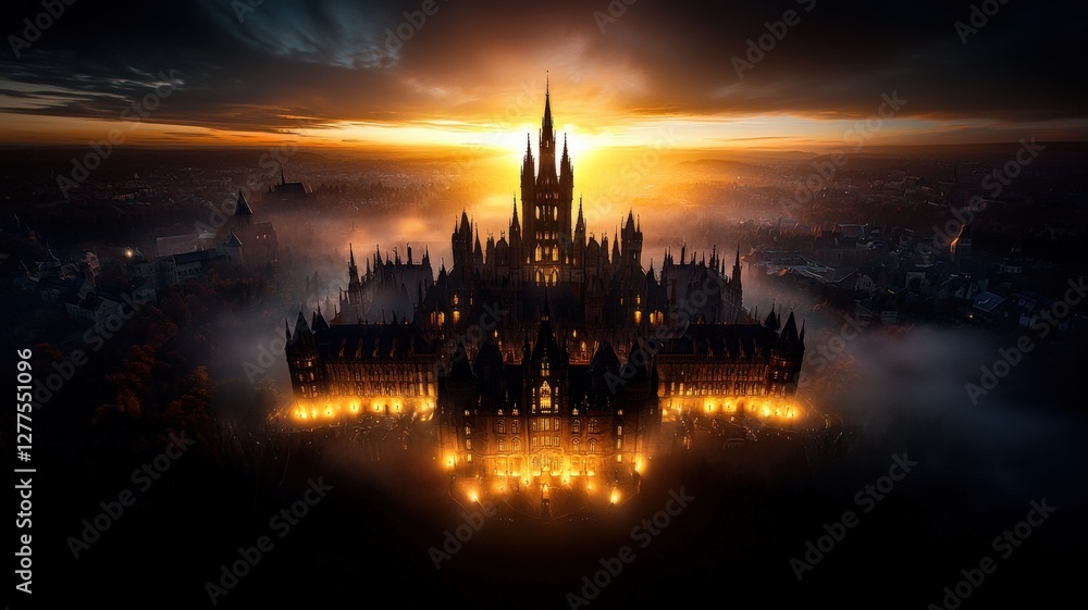Obraz premium A breathtaking sunrise over a vast kingdom, misty valleys, warm golden light illuminating medieval castles, high fantasy, epic cinematic shot, ultra-realistic
