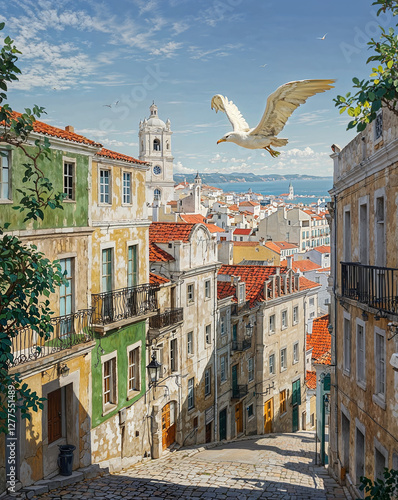  painting illustration in muted colors of steep road in Lisbon Portugal on a sunny day with sea gull painting illustration
