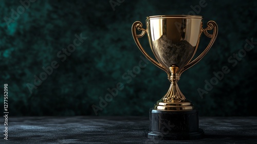 Elegant golden trophy on dark background. photo