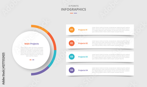 4 points template comparison concept for infographic with main circle and long rectangle box stacked layer with drop shadow style with two point list information