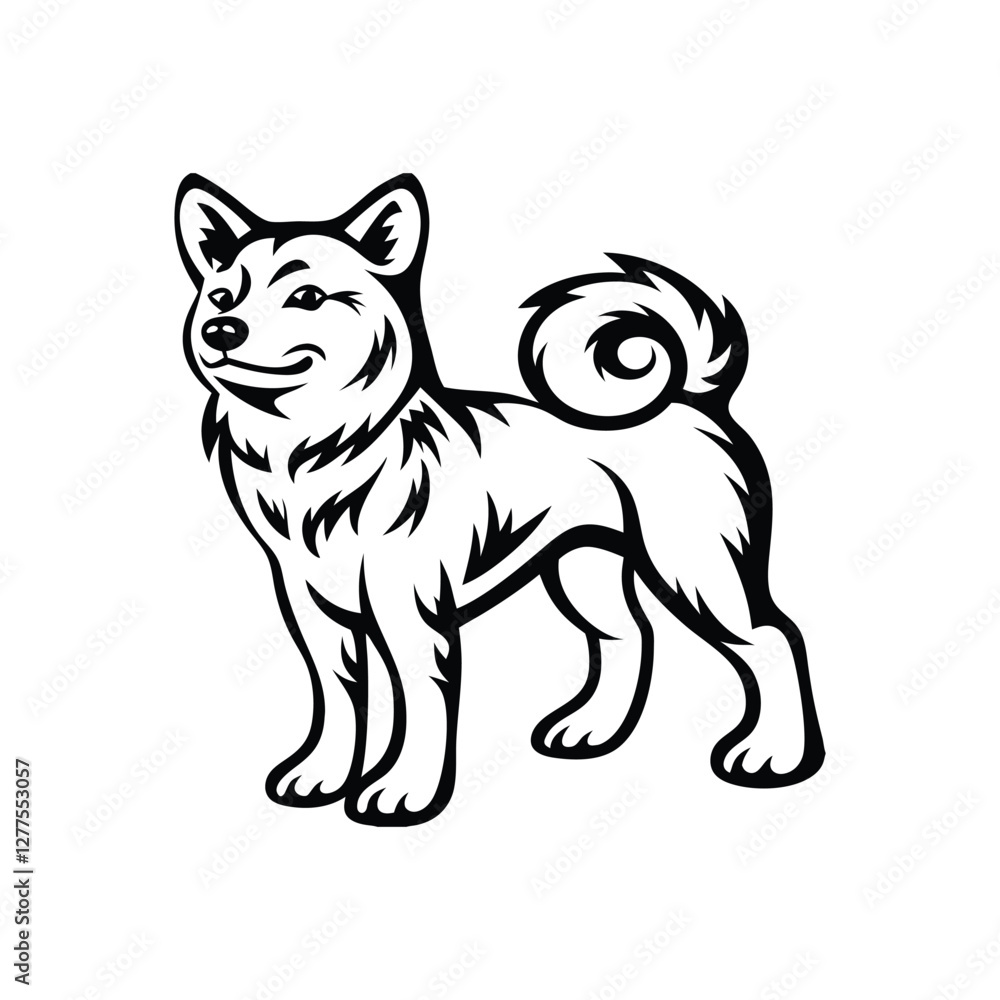 Obraz premium Stylized cartoon dog character with a curled tail and happy expression in a bold black and white design