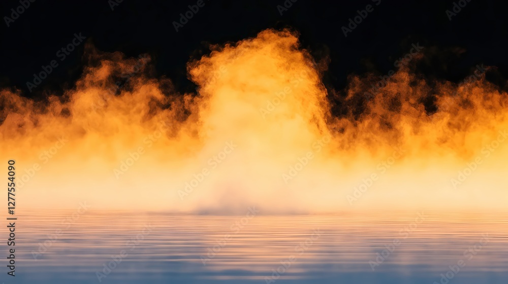 Fototapeta premium Ethereal Mist Rising Above Calm Water in Golden Dawn Light