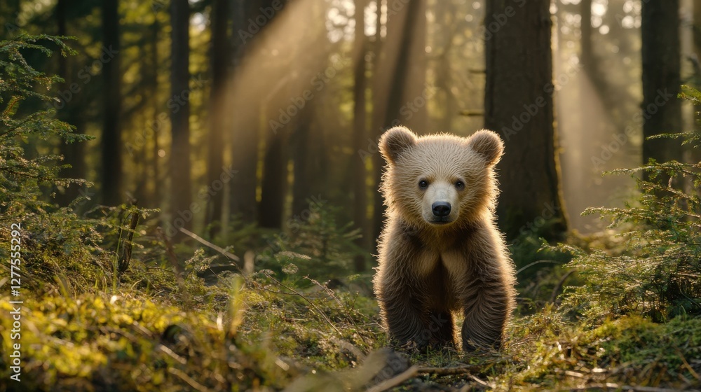 Obraz premium Young Brown Bear in Forest with Sunlight Filtering Through Trees