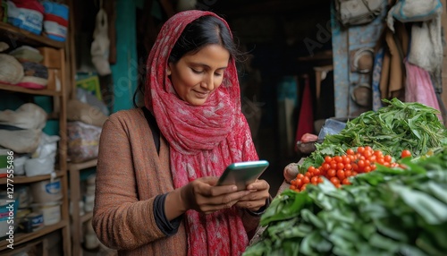 Financial Inclusion Woman Vendor Uses Mobile Banking App