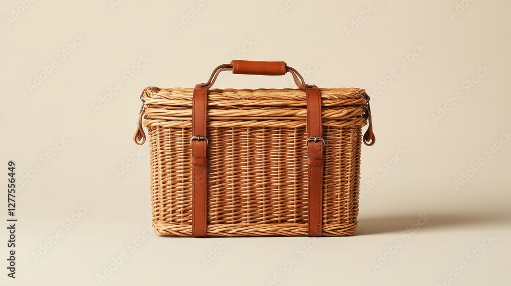 Wicker Picnic Basket with Closed Lid and Leather Straps on Cream Background Wicker Picnic Basket with Closed Lid and Leather Straps on Cream Background