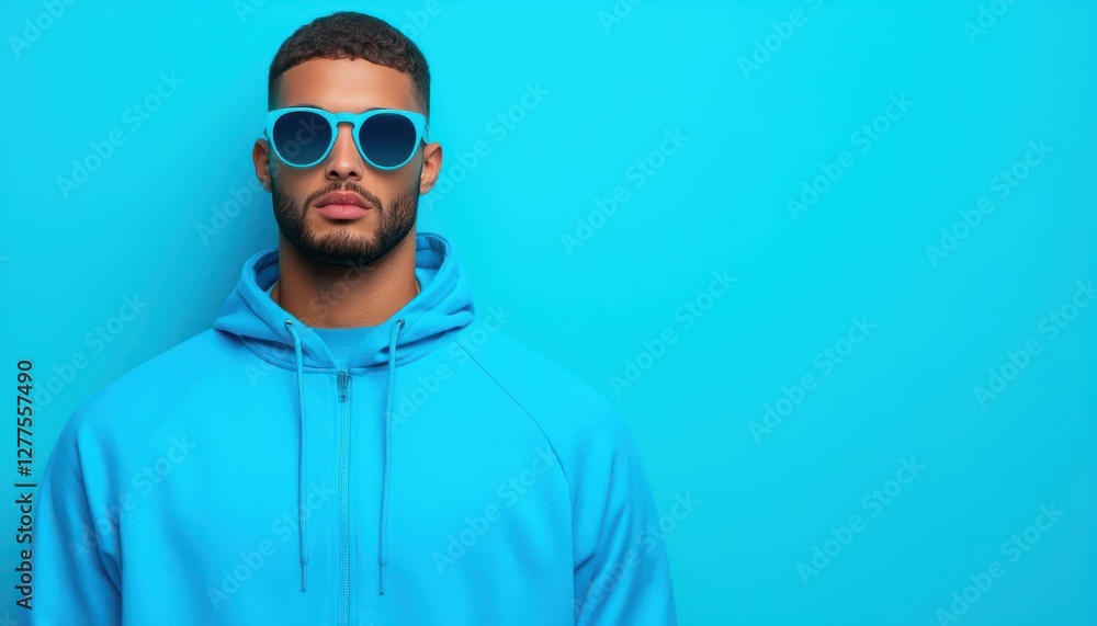Athleisure wear concept. Vibrant portrait of a man in a blue hoodie and sunglasses against a matching background. Athleisure wear concept. Vibrant portrait of a man in a blue hoodie and sunglasses against a matching background.