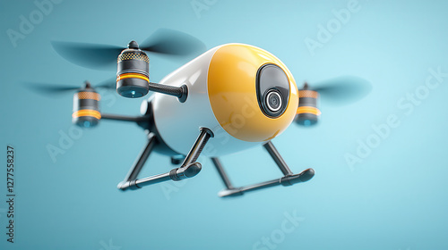high tech food delivery drone with sleek design and camera hovers in air, showcasing futuristic technology against blue background