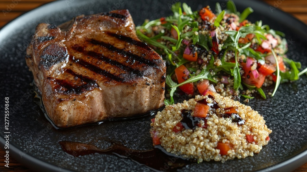 A plated meal featuring grilled steak, quinoa, and a fresh salad. A plated meal featuring grilled steak, quinoa, and a fresh salad.
