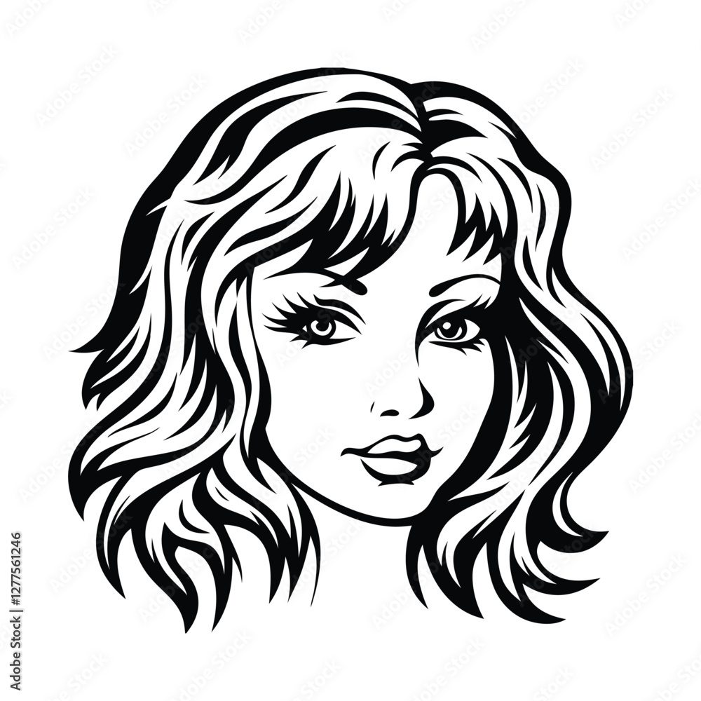 Stylized portrait of a young woman with flowing hair in a classic black and white design Stylized portrait of a young woman with flowing hair in a classic black and white design