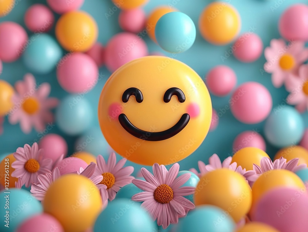Cheerful smile surrounded by colorful balls and flowers playful scene bright environment close-up view Cheerful smile surrounded by colorful balls and flowers playful scene bright environment close-up view