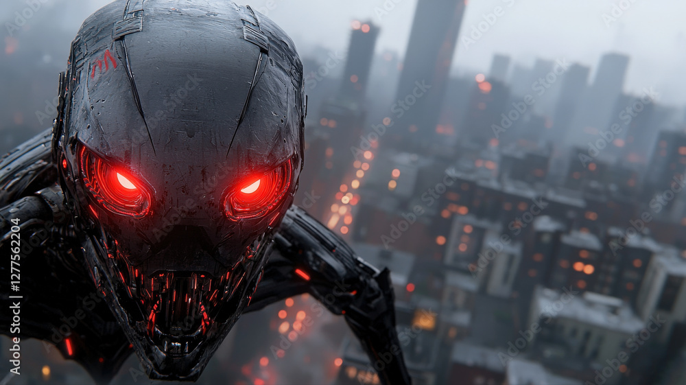 Fototapeta premium A giant war machine towering over a post-apocalyptic city, glowing red eyes, smoke rising, dystopian cyberpunk, ultra-detailed, cinematic shot,