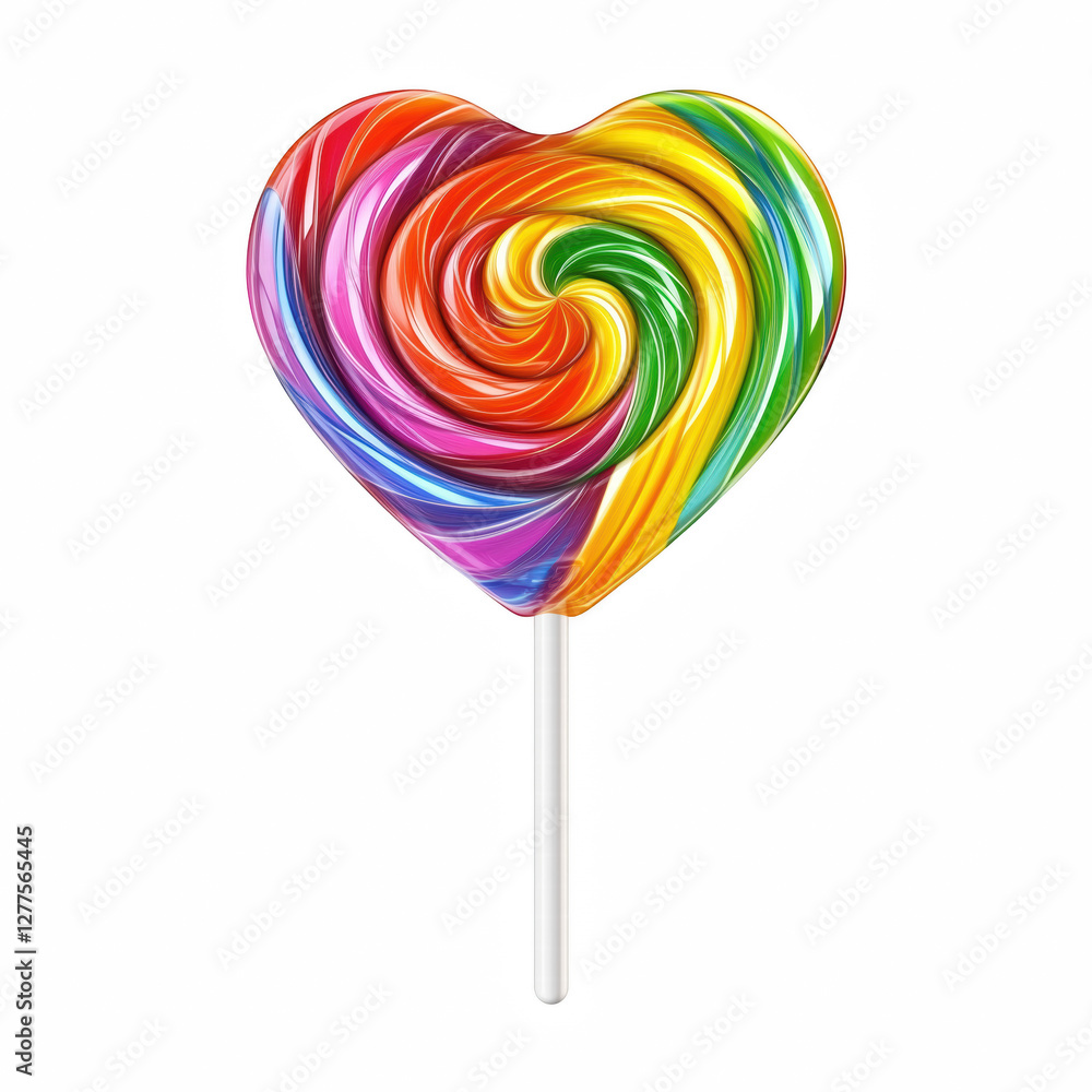 Realistic vibrant heart-shaped rainbow lollipop with swirling multicolored stripes, glossy candy texture, fun and sweet treat, isolated on transparent background. Realistic vibrant heart-shaped rainbow lollipop with swirling multicolored stripes, glossy candy texture, fun and sweet treat, isolated on transparent background.