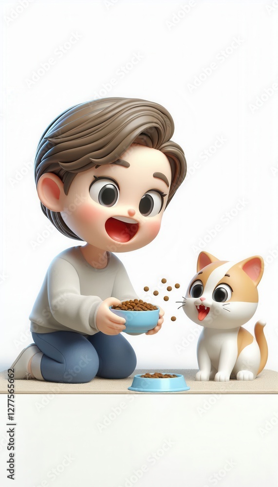 Fototapeta premium Feeding a cat with joyful child indoor home setting 3d animation playful vibes