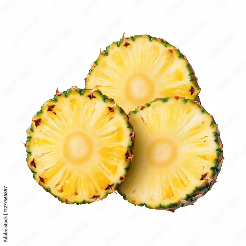 Realistic two fresh pineapple slices with vibrant yellow flesh, juicy and tropical fruit with textured surface and greenish-brown rind, isolated on transparent background. Realistic two fresh pineapple slices with vibrant yellow flesh, juicy and tropical fruit with textured surface and greenish-brown rind, isolated on transparent background.