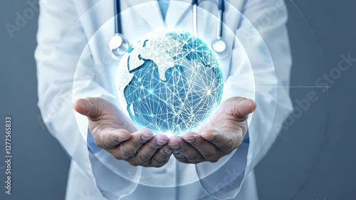 Doctor Holds Glowing Digital Globe Symbolizing Global Healthcare, Technology Integration, Innovation, and Connectivity in Medical Network Field