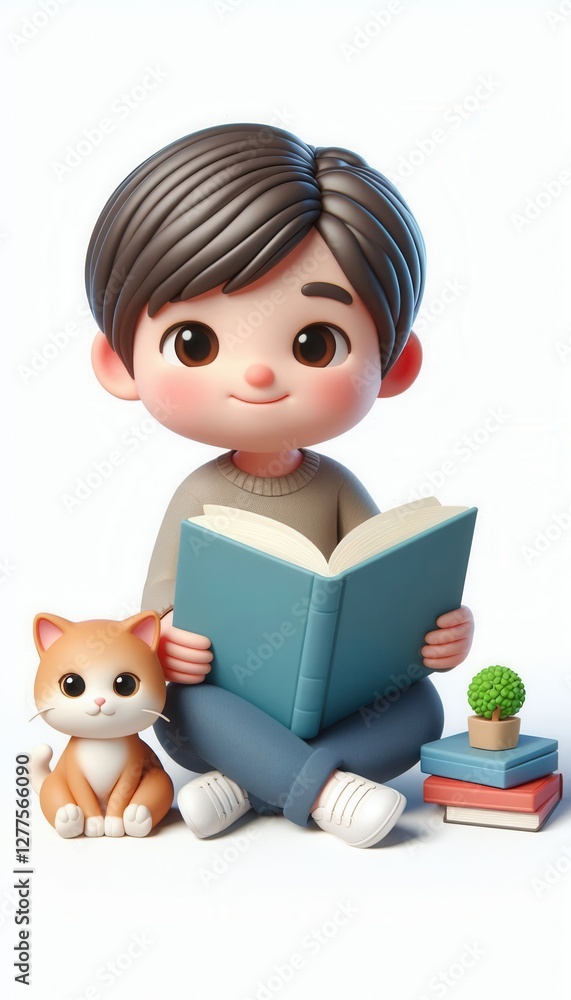 Child reading with cat and books in cozy indoor setting illustrative digital art style Child reading with cat and books in cozy indoor setting illustrative digital art style