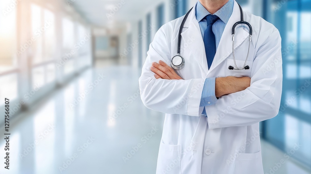 A confident doctor in a white coat stands with crossed arms in a modern hospital hallway, conveying professionalism and care. A confident doctor in a white coat stands with crossed arms in a modern hospital hallway, conveying professionalism and care.