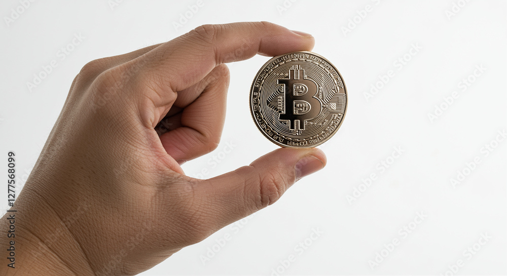 Bitcoin coin in hand close up. Hand holding Bitcoin currency. Cryptocurrency Bitcoin in hand Bitcoin coin in hand close up. Hand holding Bitcoin currency. Cryptocurrency Bitcoin in hand