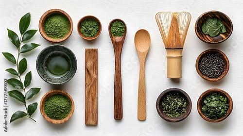 Beautifully Crafted Matcha Tea Set Featuring a Chawan Chasen and Chashaku Neatly Arranged for a Tranquil Japanese Tea Ceremony