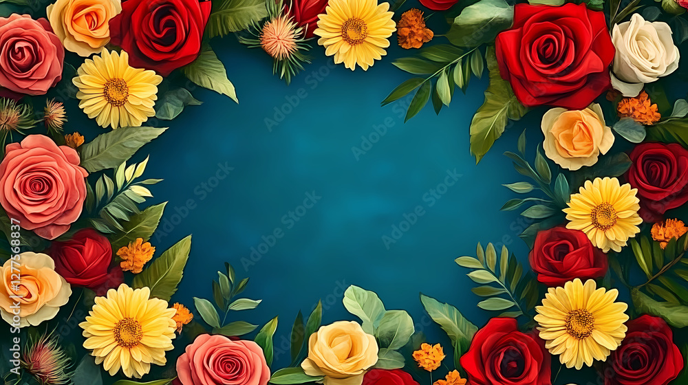 Fototapeta premium Vibrant Floral Illustration with Roses and Sunflowers