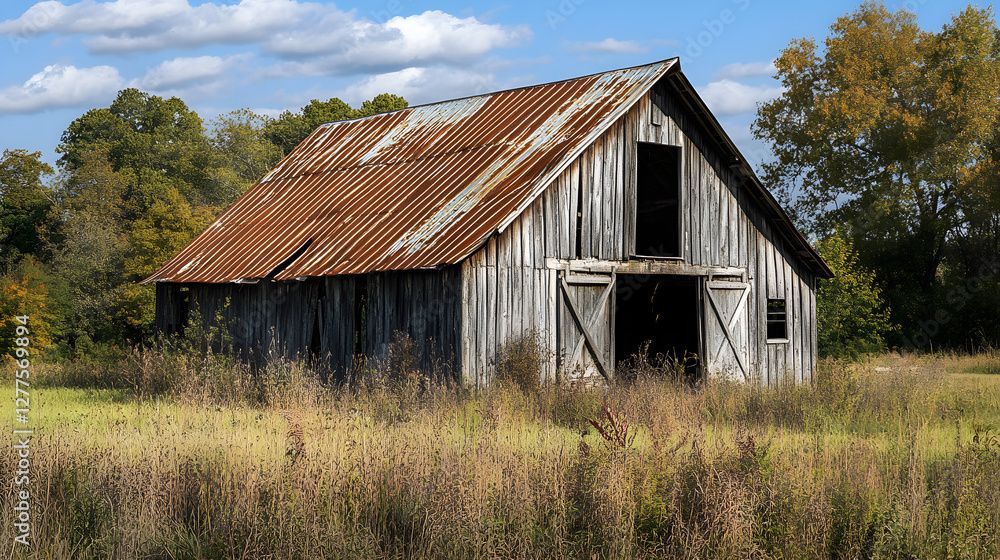 Rural Nostalgia: Echoes of the Past in a Weathered Wooden Barn Amidst a Rolling Field Under Blue Skies Rural Nostalgia: Echoes of the Past in a Weathered Wooden Barn Amidst a Rolling Field Under Blue Skies