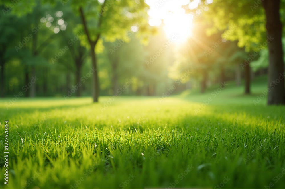 Sunlit green grass field nature scene serenity outdoor environment ground-level view tranquility concept