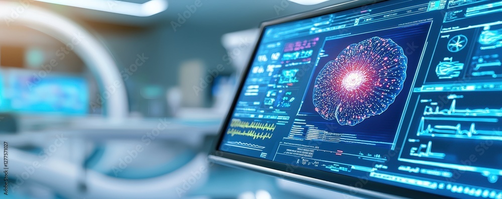 Fototapeta premium A futuristic screen displays complex data visuals, highlighting technology and scientific analysis in a modern lab environment.
