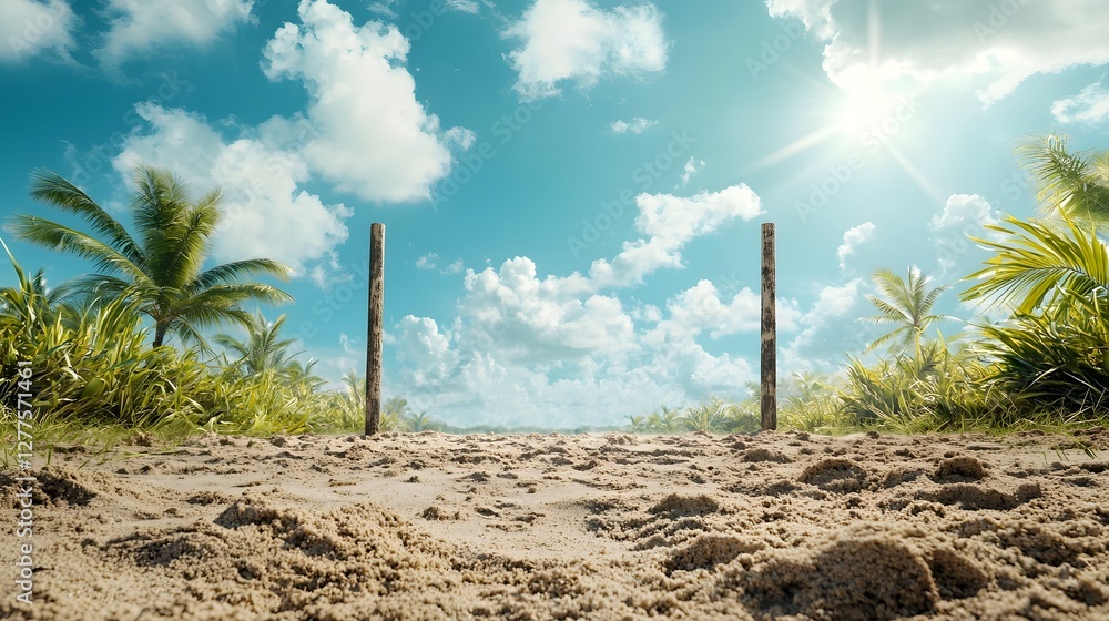 Sunlit Beach Rugby Field with Goalposts and Slightly Uneven Sandy Surface Providing Ample Copy Space for Overlays or Text Sunlit Beach Rugby Field with Goalposts and Slightly Uneven Sandy Surface Providing Ample Copy Space for Overlays or Text