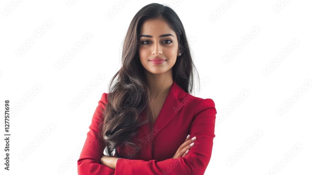 A confident businesswoman in a stylish red blazer stands with arms crossed, exuding professionalism and determination in a modern workspace. A confident businesswoman in a stylish red blazer stands with arms crossed, exuding professionalism and determination in a modern workspace.