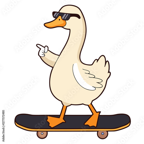 Cartoon duck wearing sunglasses, riding a skateboard and giving a friendly wave in a cool, playful style