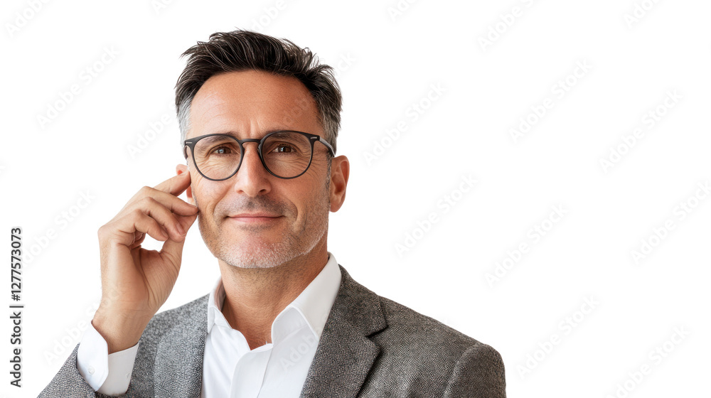A confident middle-aged man wearing glasses and a blazer, thoughtfully pondering while holding his chin. Ideal for corporate or professional themes. A confident middle-aged man wearing glasses and a blazer, thoughtfully pondering while holding his chin. Ideal for corporate or professional themes.