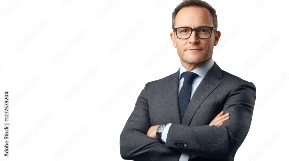 A confident professional man in a tailored suit stands with arms crossed, exuding determination and leadership against a neutral background. A confident professional man in a tailored suit stands with arms crossed, exuding determination and leadership against a neutral background.