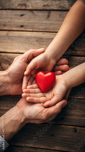 Close-up of adult and child hands holding a red heart together on a wooden background symbolizing love support family and care  
