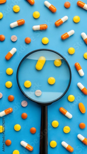 Wallpaper Mural A magnifying glass placed over various colorful pills and capsules on a blue background representing medicine research and pharmaceutical analysis  
 Torontodigital.ca