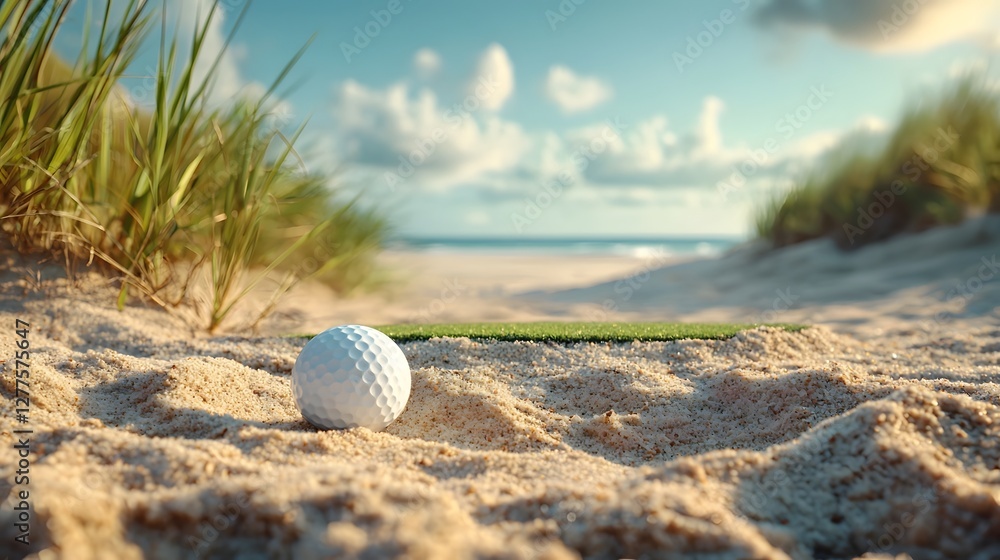 Peaceful Beach Golf Practice Area with Small Green Patch and Golf Ball on Soft Dunes Providing Ample Copy Space for Text or Design Peaceful Beach Golf Practice Area with Small Green Patch and Golf Ball on Soft Dunes Providing Ample Copy Space for Text or Design