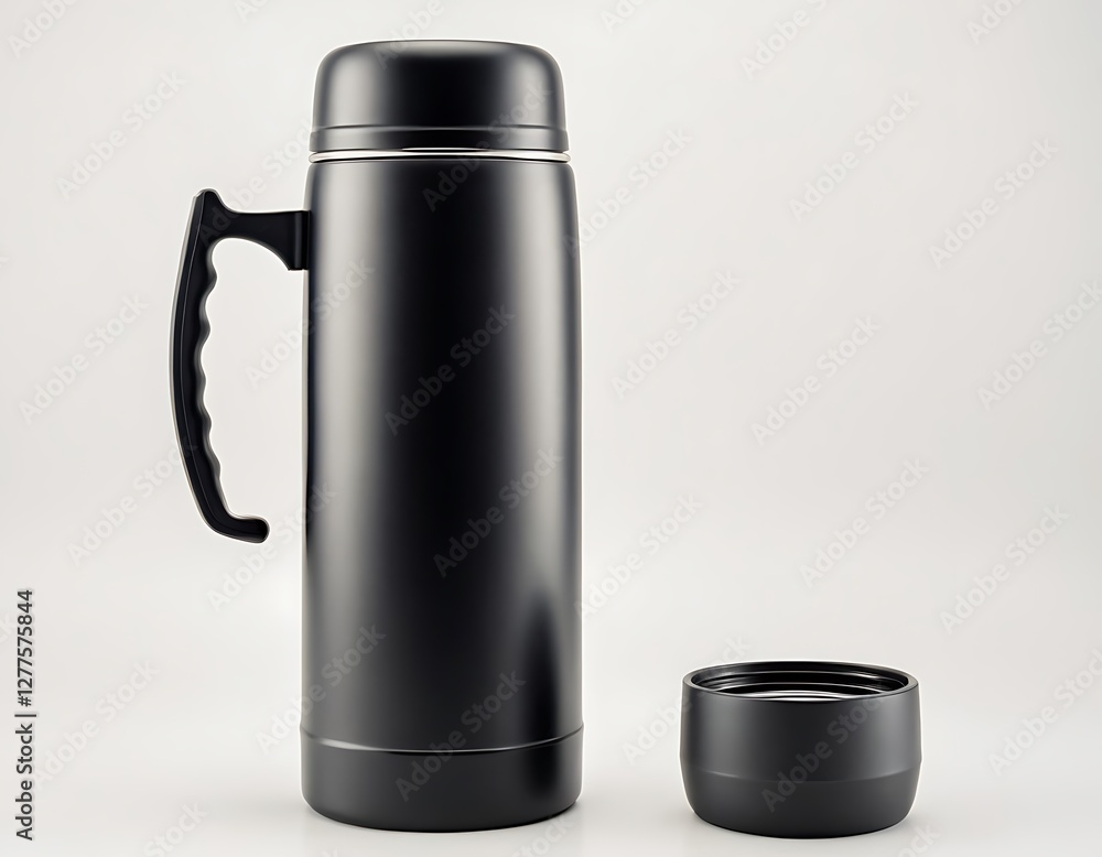 Reusable water bottle for trekking isolated on white background,Black thermos on white background,cut out, no people, photography, vertical, sport, studio shot, 7684 Reusable water bottle for trekking isolated on white background,Black thermos on white background,cut out, no people, photography, vertical, sport, studio shot, 7684