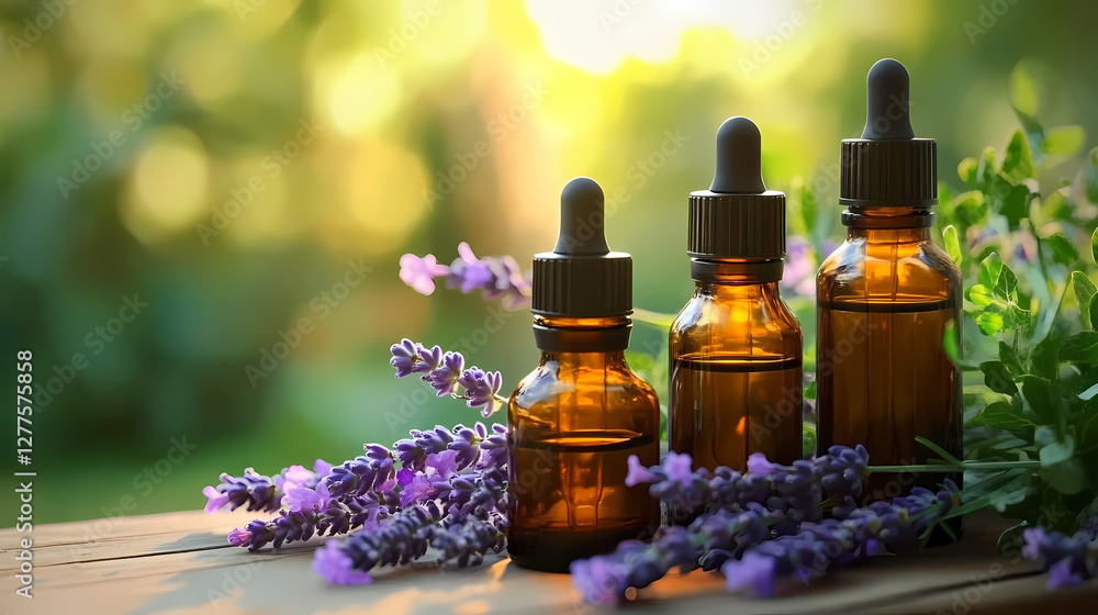 Lavender and Essential Oils on a Wooden Surface Lavender and Essential Oils on a Wooden Surface