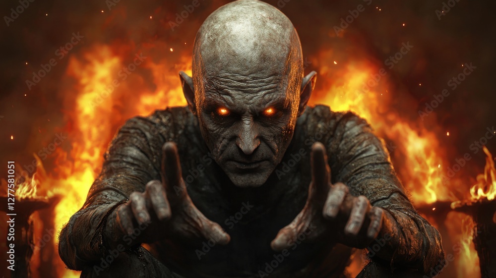 Obraz premium An evil sorcerer king sitting in a ruined castle throne room, his fingers crackling with dark energy, flaming braziers casting a haunting glow, ominous atmosphere, ultra-realistic