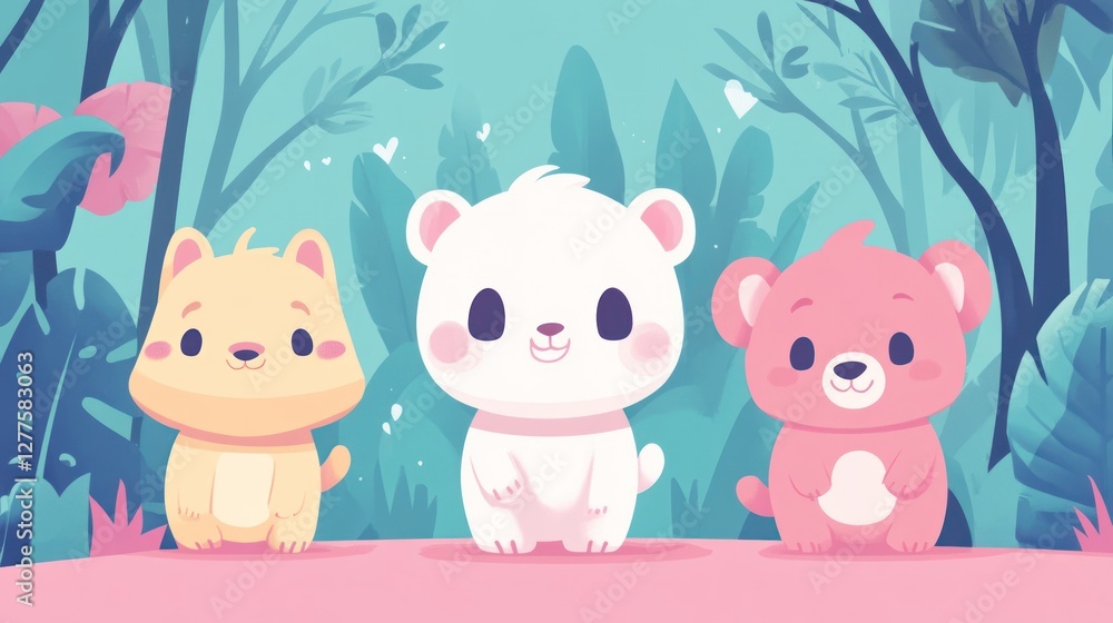 Naklejka premium Cute cartoon animals in a lush forest setting.