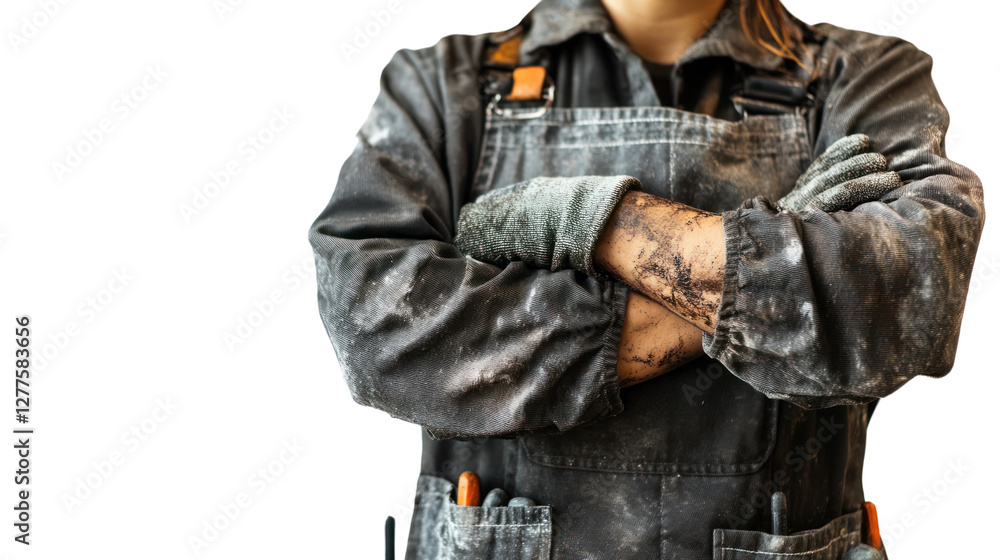 A determined worker stands confidently with crossed arms, wearing a dirty apron and showcasing intricate tattoos, reflecting hard work and dedication. A determined worker stands confidently with crossed arms, wearing a dirty apron and showcasing intricate tattoos, reflecting hard work and dedication.