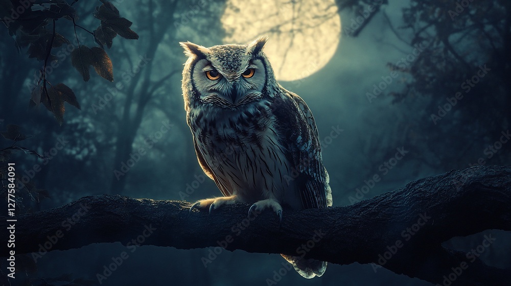 Obraz premium Majestic owl perched on branch under full moon.