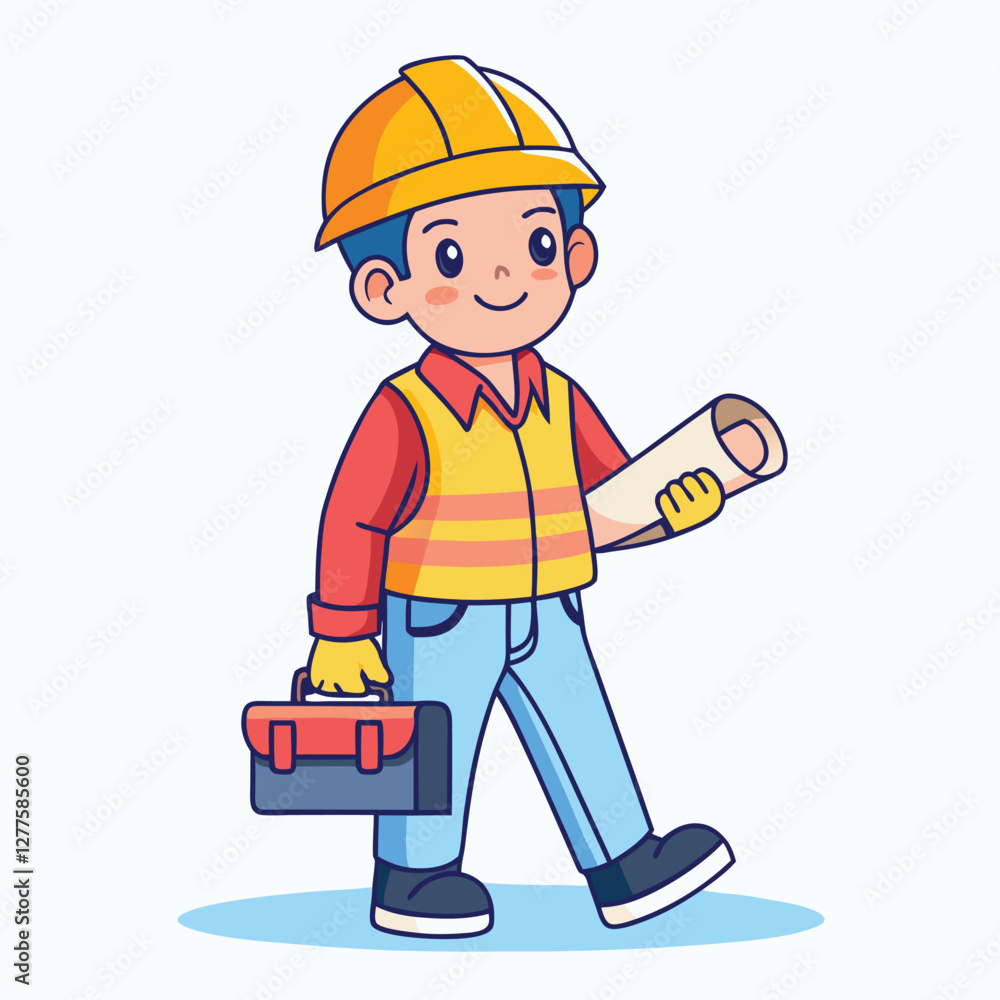 Cartoon construction worker character holding a blueprint and toolbox, ready for work in a cheerful and professional style Cartoon construction worker character holding a blueprint and toolbox, ready for work in a cheerful and professional style