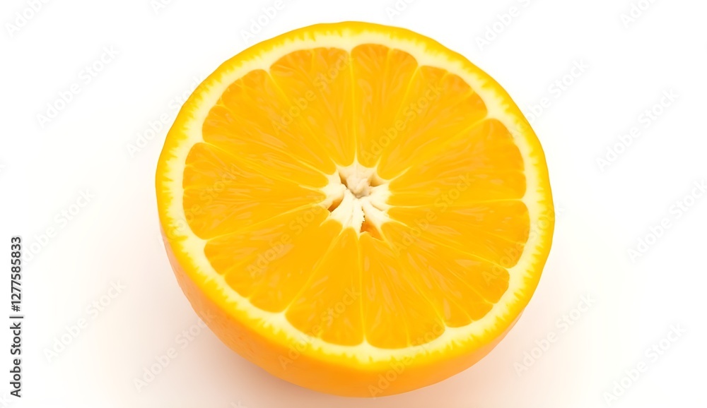 Vibrant close-up of a fresh orange sliced in half with juicy pulp against a white background Vibrant close-up of a fresh orange sliced in half with juicy pulp against a white background