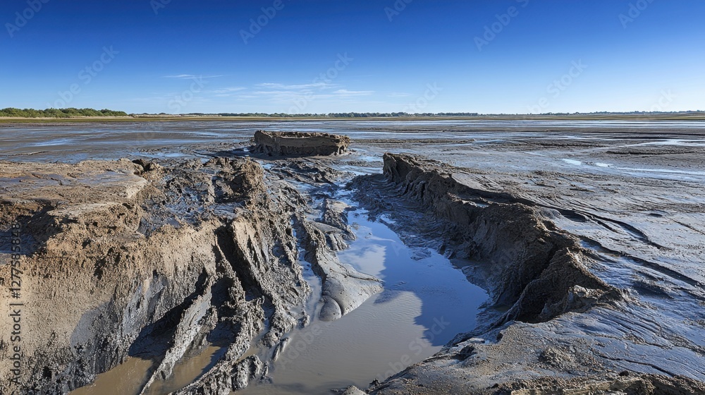 Obraz premium A dramatic scene of cracked mud flats stretching into the horizon under a cloudless sky