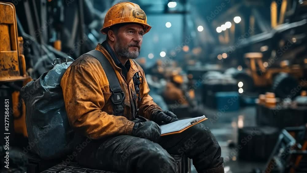 A Lumberjack Resting in a Dimly Lit Industrial Setting, Focused on Safety Practices and Equipment Inspection Amidst a Busy Workshop Environment A Lumberjack Resting in a Dimly Lit Industrial Setting, Focused on Safety Practices and Equipment Inspection Amidst a Busy Workshop Environment