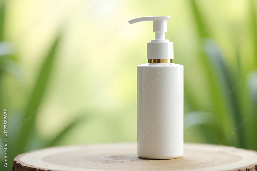Minimalist White Pump Bottle on Wooden Surface with Greenery. 3d render. Minimalist White Pump Bottle on Wooden Surface with Greenery. 3d render.