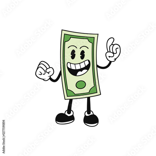 Cartoon money bill character with a big smile, giving a thumbs-up gesture in a fun and playful style