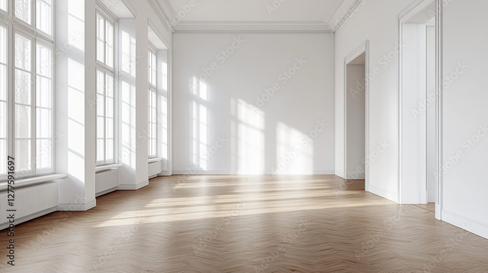 Bright empty room with sunlight and herringbone floor. Ready for interior design projects Bright empty room with sunlight and herringbone floor. Ready for interior design projects