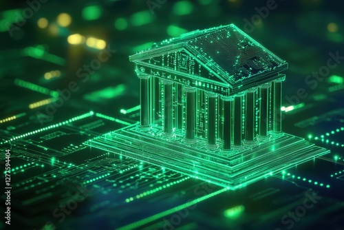 Glowing green digital bank model on circuit board. Illustrates fintech, online banking, digital finance.