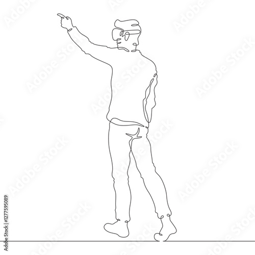 Continuous one line drawing man in VR headset. Man in virtual reality. Character With extended index finger. One continuous line isolated minimal illustration.Not AI.